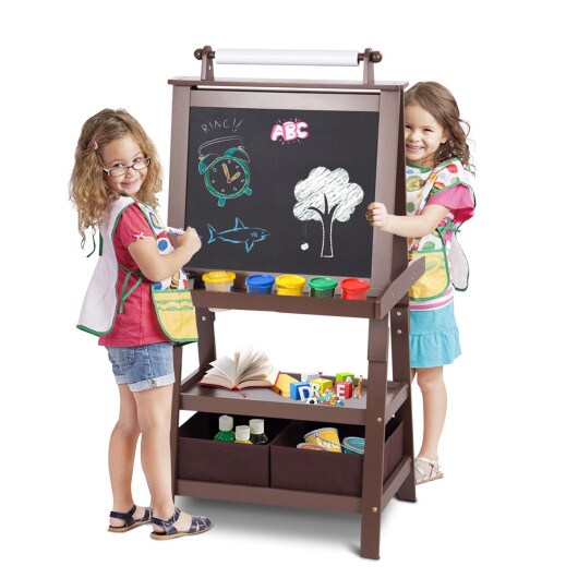 Kids Easel Double Sided Blackboard Whiteboard Art Station Brown