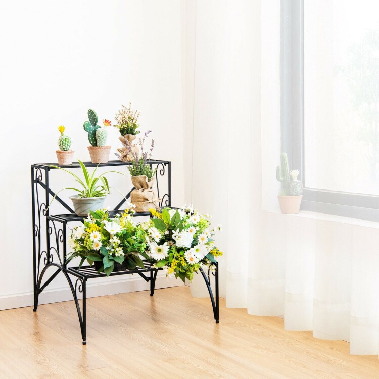 Black 3-Tier Metal Plant Stand Ladder Style Shelves Indoor Outdoor