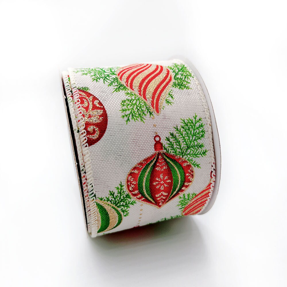 Designer&#x2019;s Shop WR 63-5183 Holiday Glitter Gold/Red/Green Ornaments Wired edge ribbon 2.5&#x201D; x 10 yard