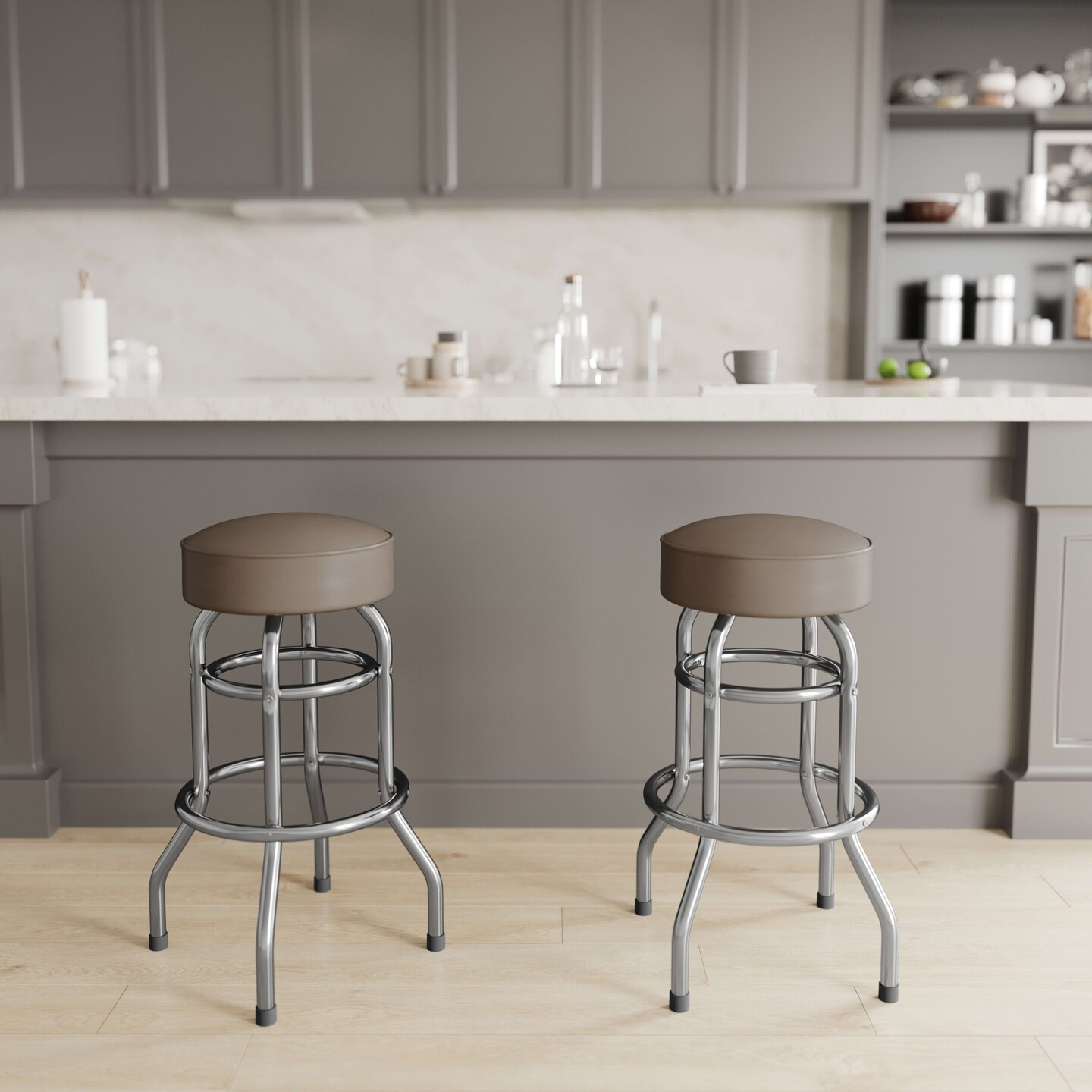 Emma and Oliver Retro Backless Double Ring Chrome Restaurant Dining Barstool