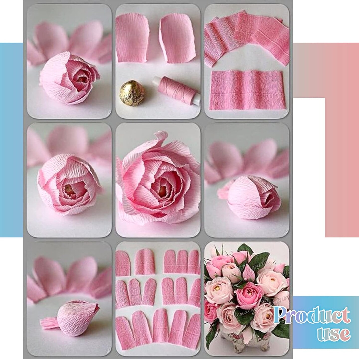 57 Pieces Crepe Paper Flower DIY Kits 6 Rolls 35g Crepe Paper Rolls 50 Pcs Floral Iron Wire 1 Roll 50 Meter for Birthday Party Wedding (Pink Series, Green)