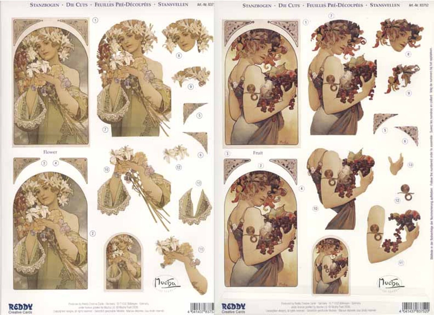 Reddy Creative Cards 3D Precut Alphonso Mucha Flowers &#x26; Fruits 2 sheets