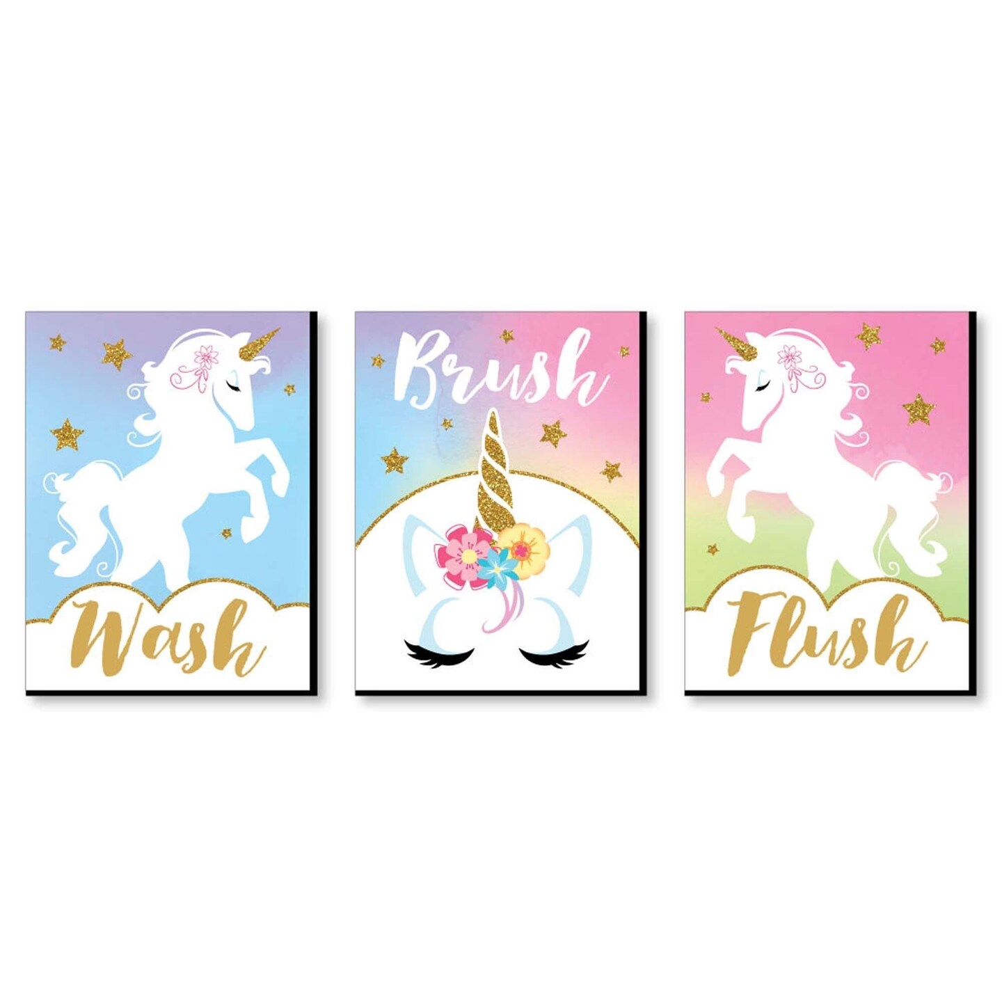 Big Dot of Happiness Rainbow Unicorn - Kids Bathroom Rules Wall Art - 7.5 x 10 inches - Set of 3 Signs - Wash, Brush, Flush