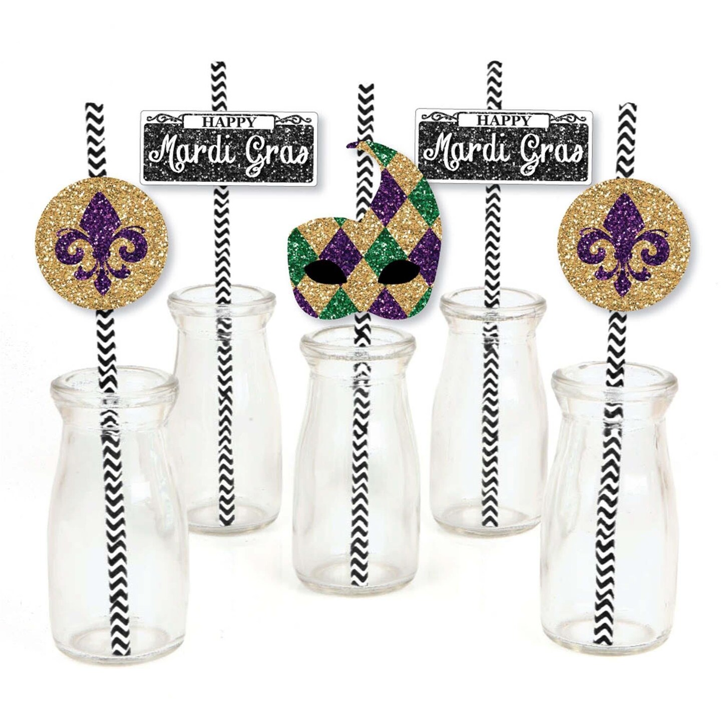 Big Dot of Happiness Mardi Gras Paper Straw Decor - Masquerade Party Striped Decorative Straws - Set of 24