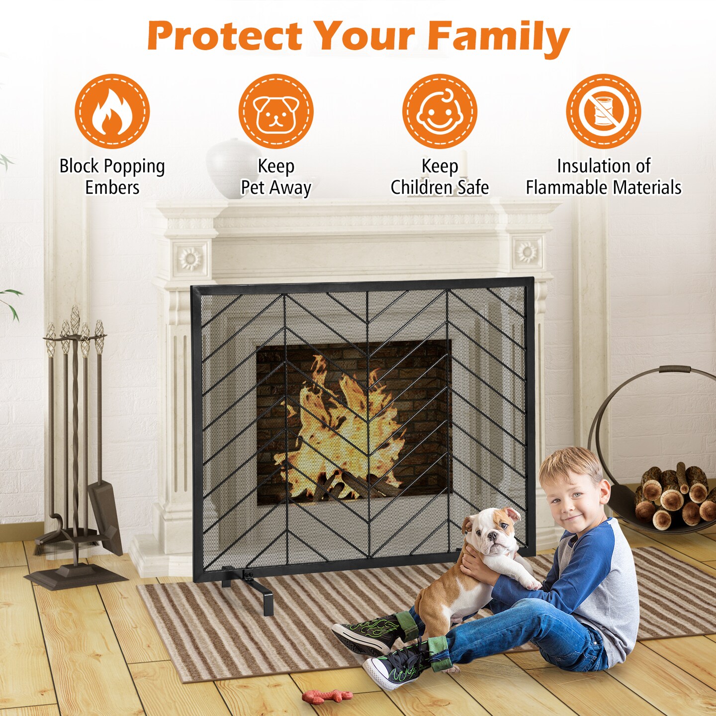 Metal One-Panel Fireplace Safety Screen with Removable Legs for Pets and Kids