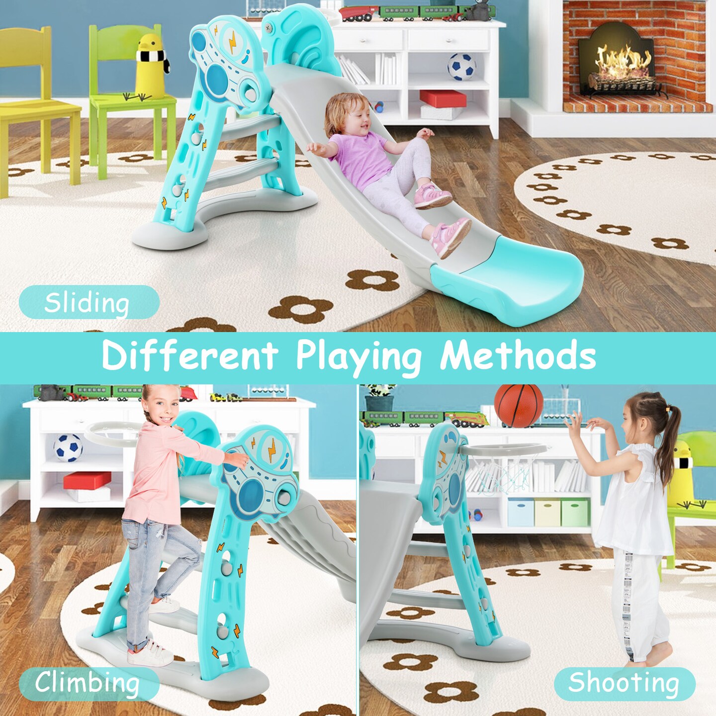3-in-1 Folding Slide Playset With Basketball Hoop And Small Basketball