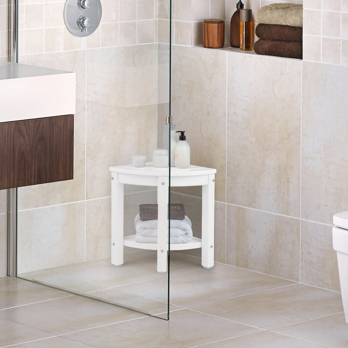 Corner Shower Bench Stool with Storage Shelf for Shaving Legs