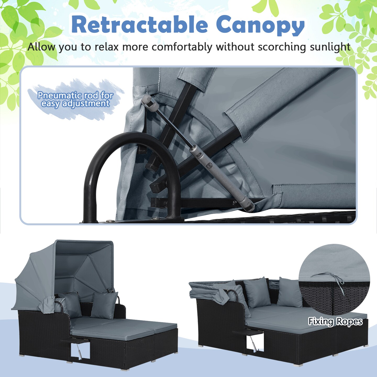 Patio Rattan Daybed with Retractable Canopy and Side Tables