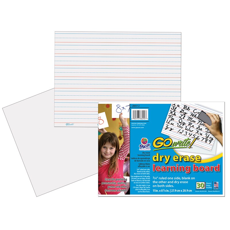 Dry Erase Learning Sheets, NonAdhesive, White, 3/4" X 3/8" X 1/4
