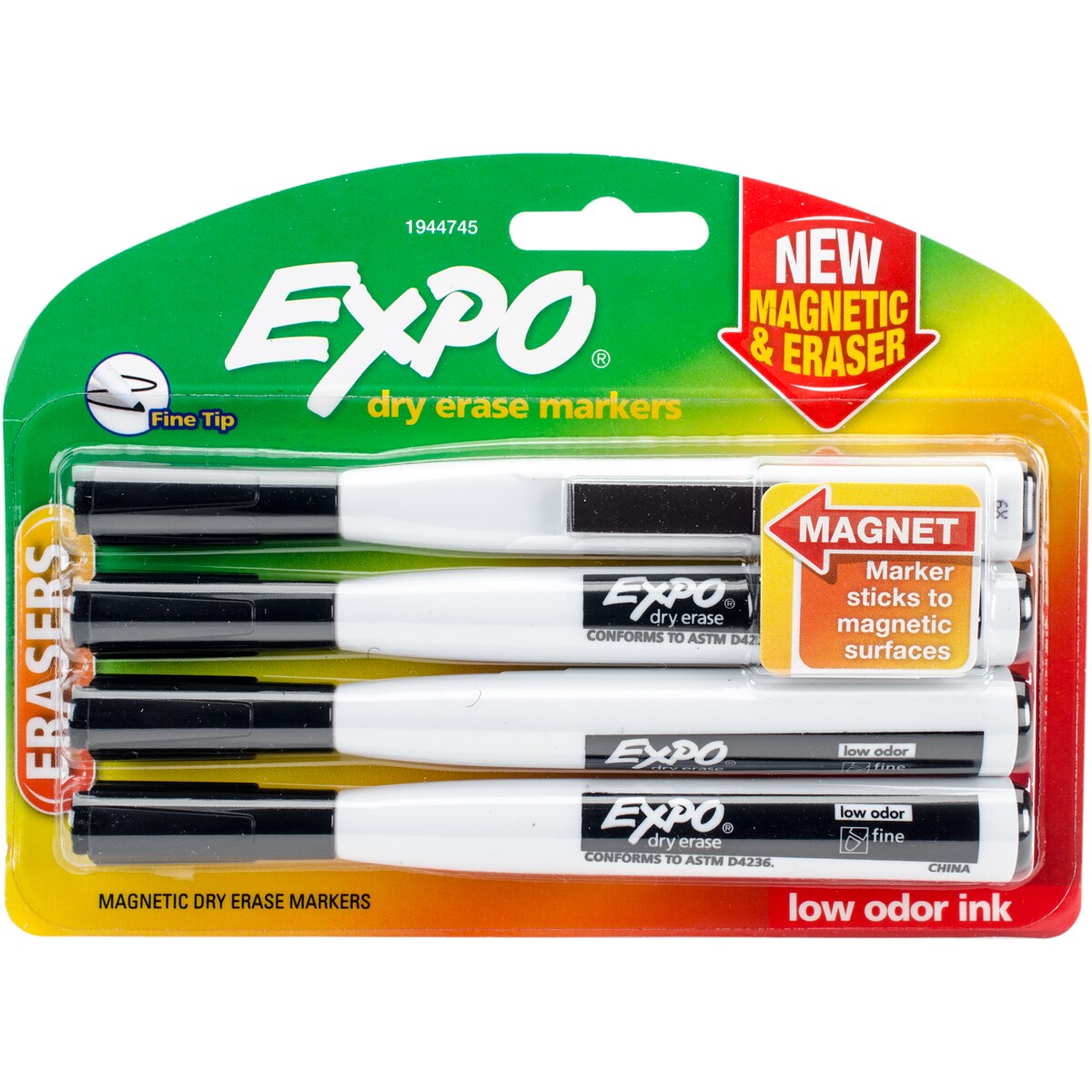 Expo Magnetic Fine Tip Dry Erase Marker With Eraser 4/Pkg-Black