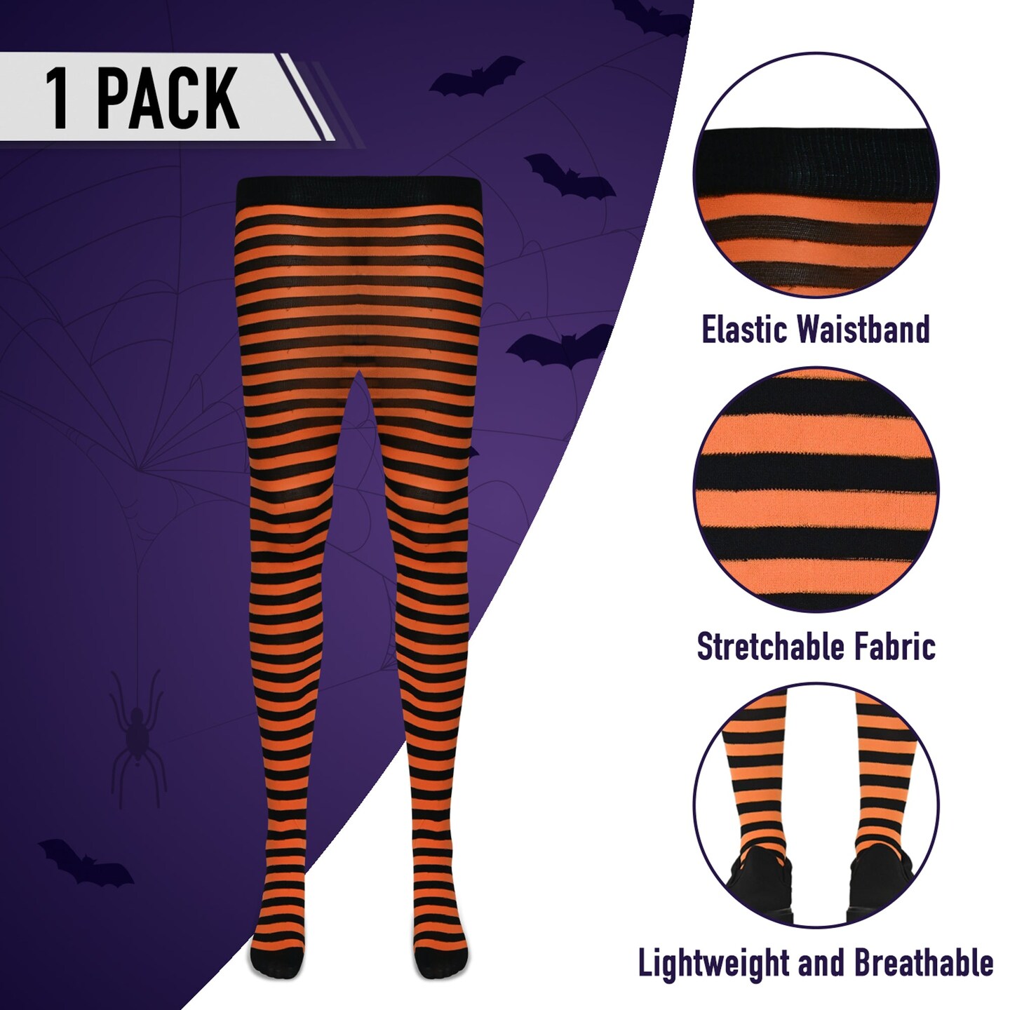 Black and Orange Tights - Striped Nylon Stretch Pantyhose Stocking Accessories for Every Day Attire and Costumes for Teens and Children