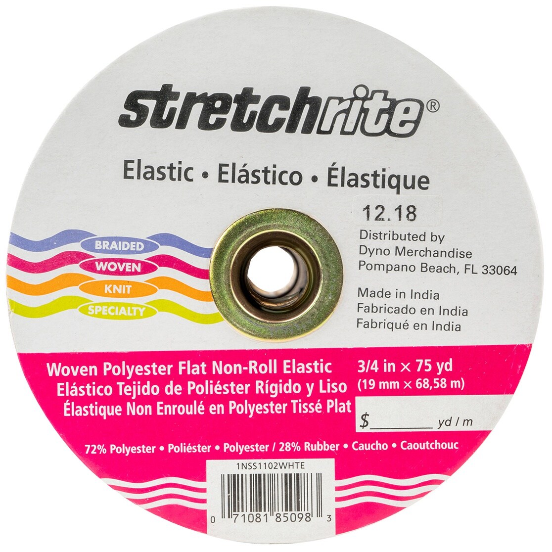 Stretchrite Flat Non-Roll Polyester Woven Elastic .75&#x22;X75yd-White