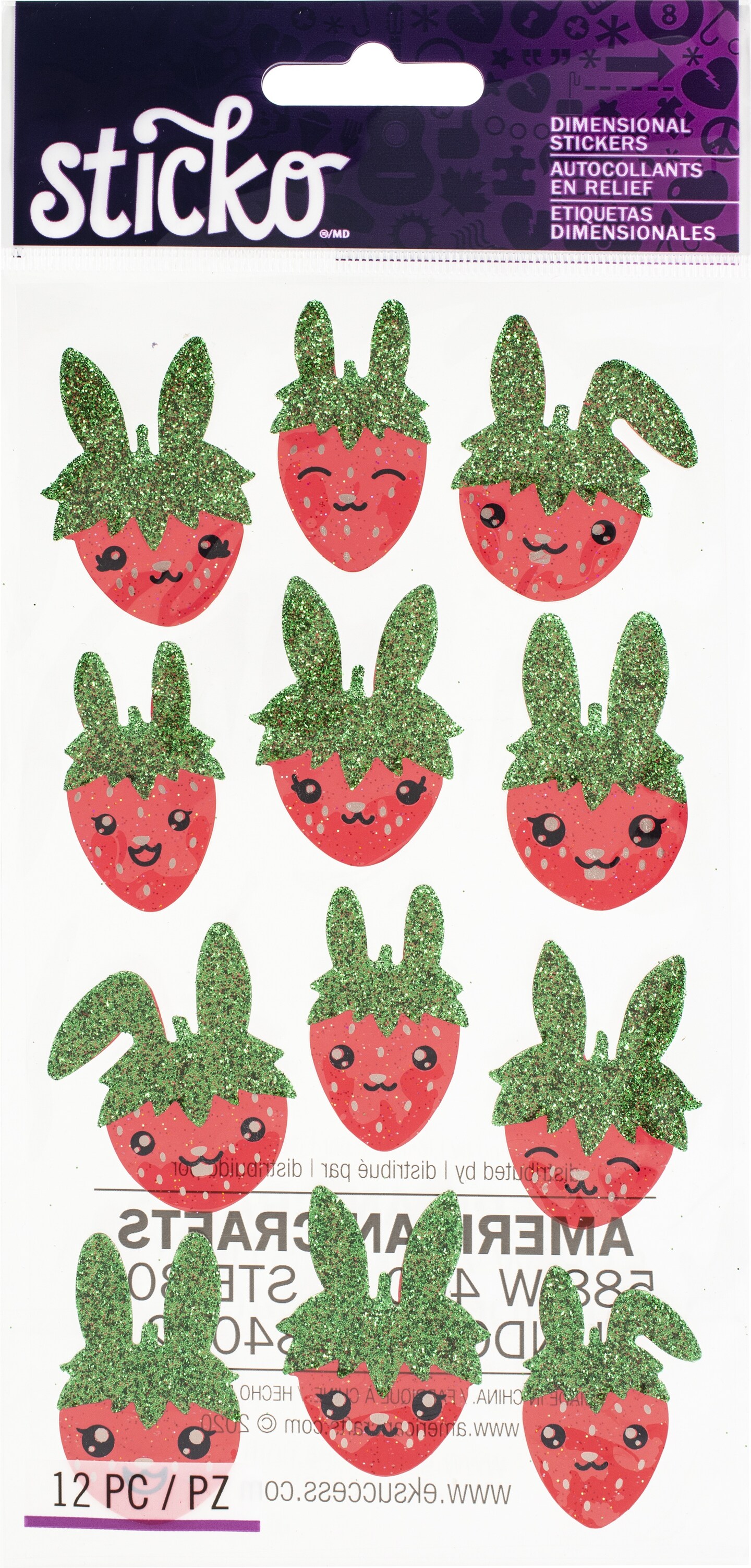 Sticko Dimensional Stickers-Strawbunnies, 12/Pkg