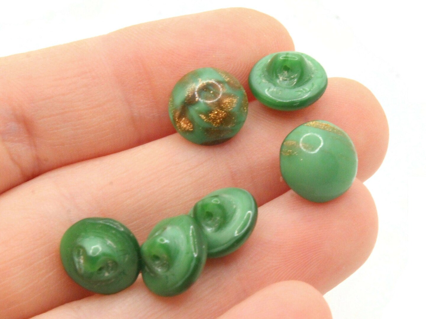 6 11mm Vintage Green and Gold Glass Shank Buttons Sewing Notions