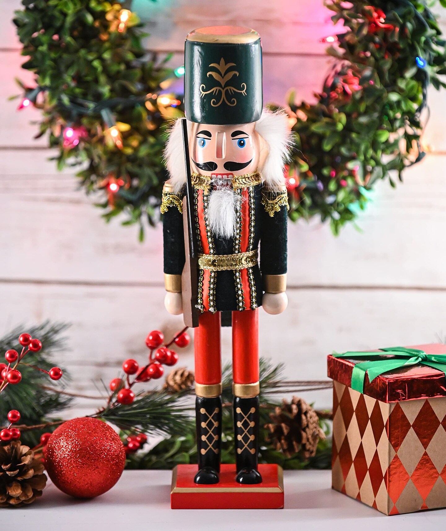 Ornativity Christmas Toy Soldier Nutcracker &#x2013; Red and Black Wooden Nutcracker Soldier with a Rifle Gun Xmas Themed Holiday Nut Cracker Doll Figure Decorations