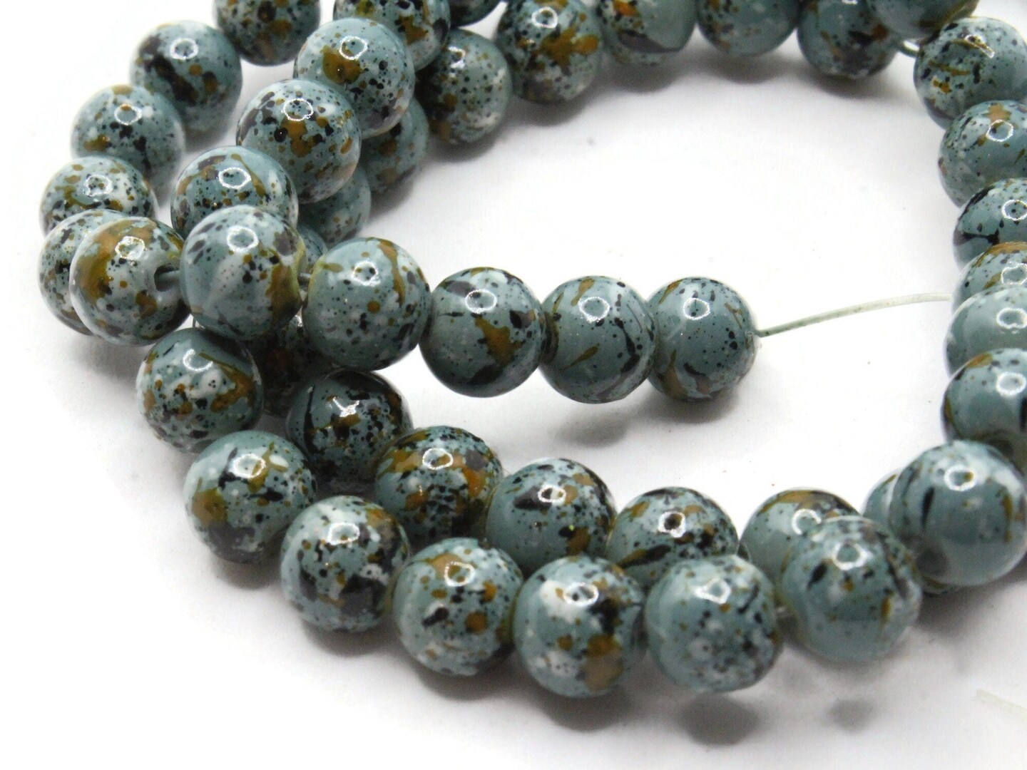 68 6mm Blue Gray  Splatter Paint Smooth Round Glass Beads