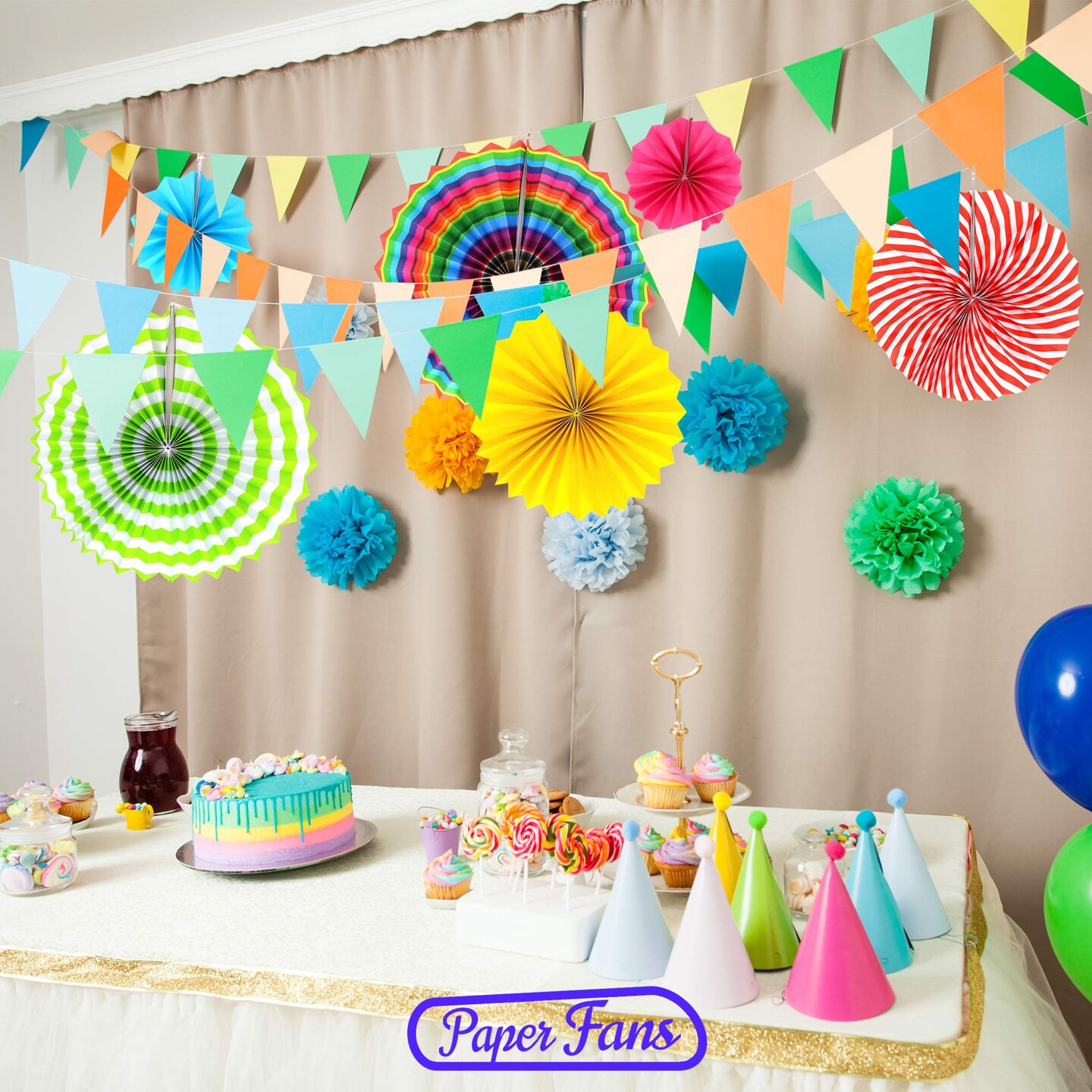 Big Mo's Toys Paper Fans Pink Green And Blue Mexican Fiesta Party Decorations Supplies Paper Fan Rosettes
