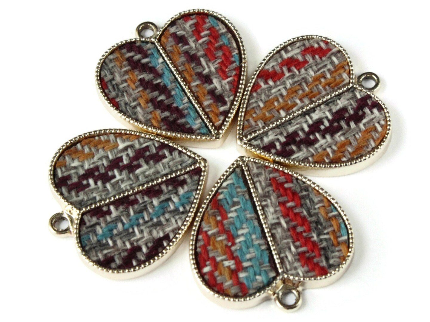 26mm Heart Pendant 1 Inch Gold Tone Charms Plaid Fabric Covered Pendant