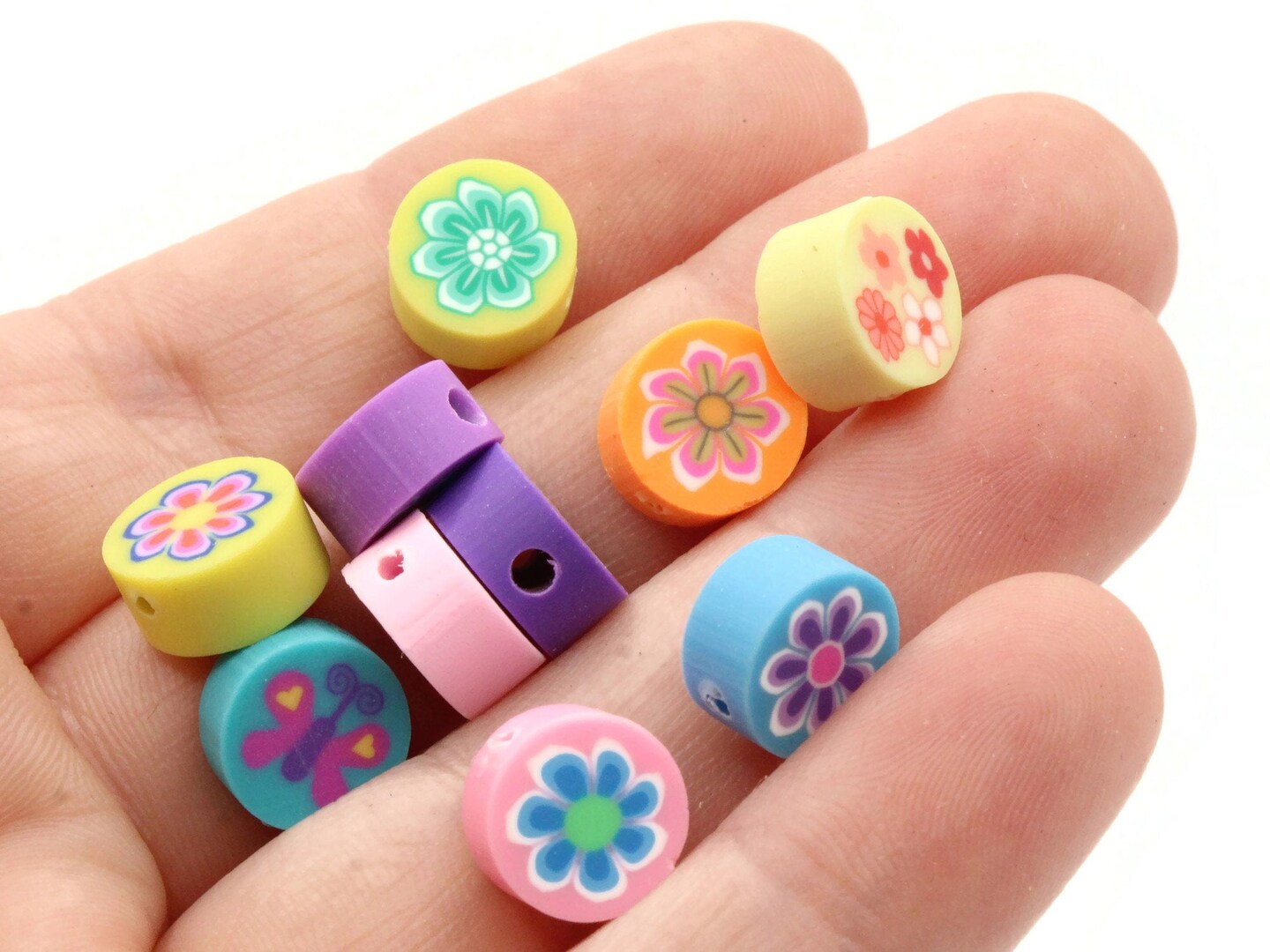 25 10mm Mixed Color Flower Polymer Clay Multi-Color Coin Beads