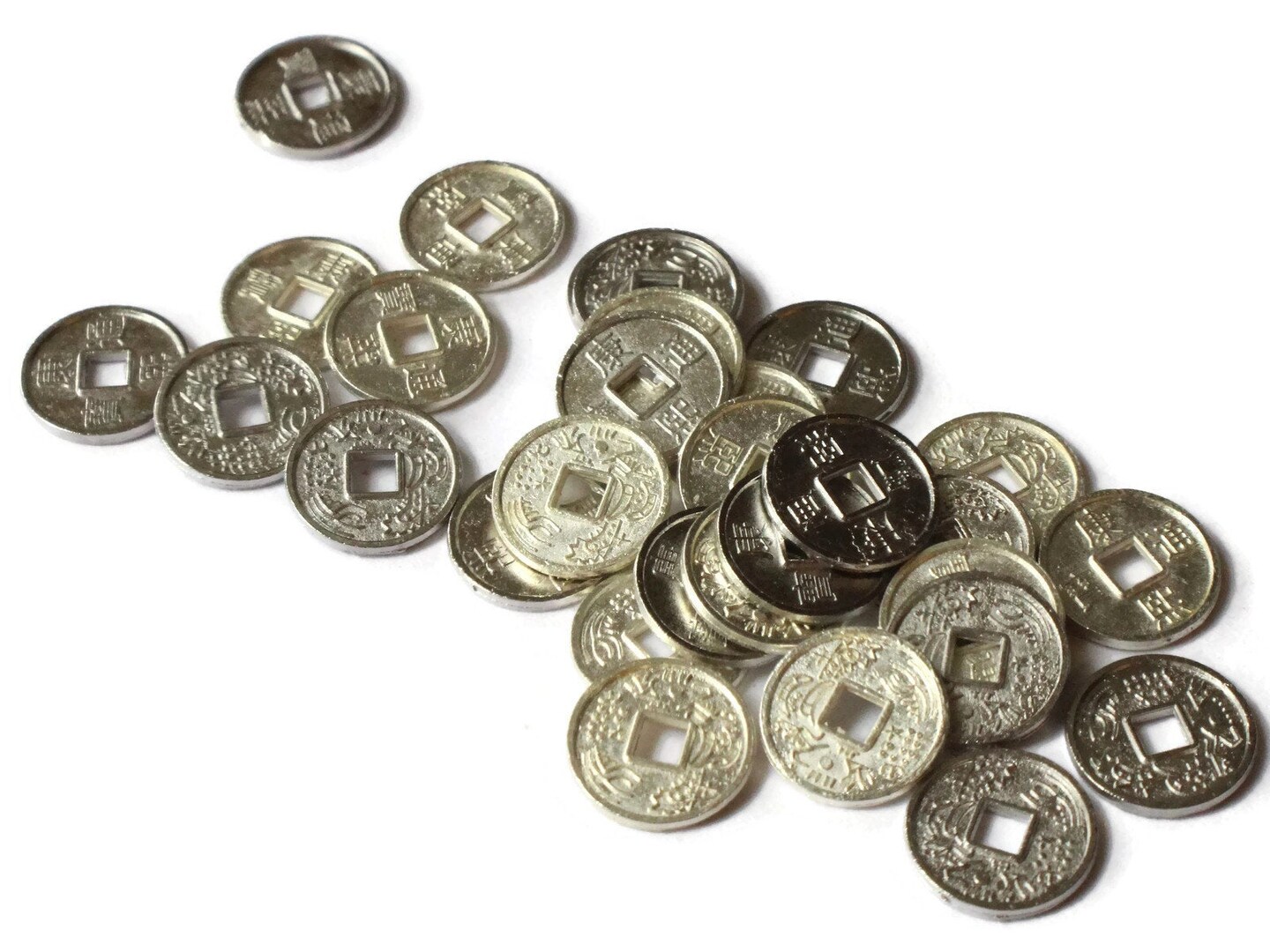 30 10mm Silver Chinese Coin Beads Flat Round Miniature Replica Money with KangXi