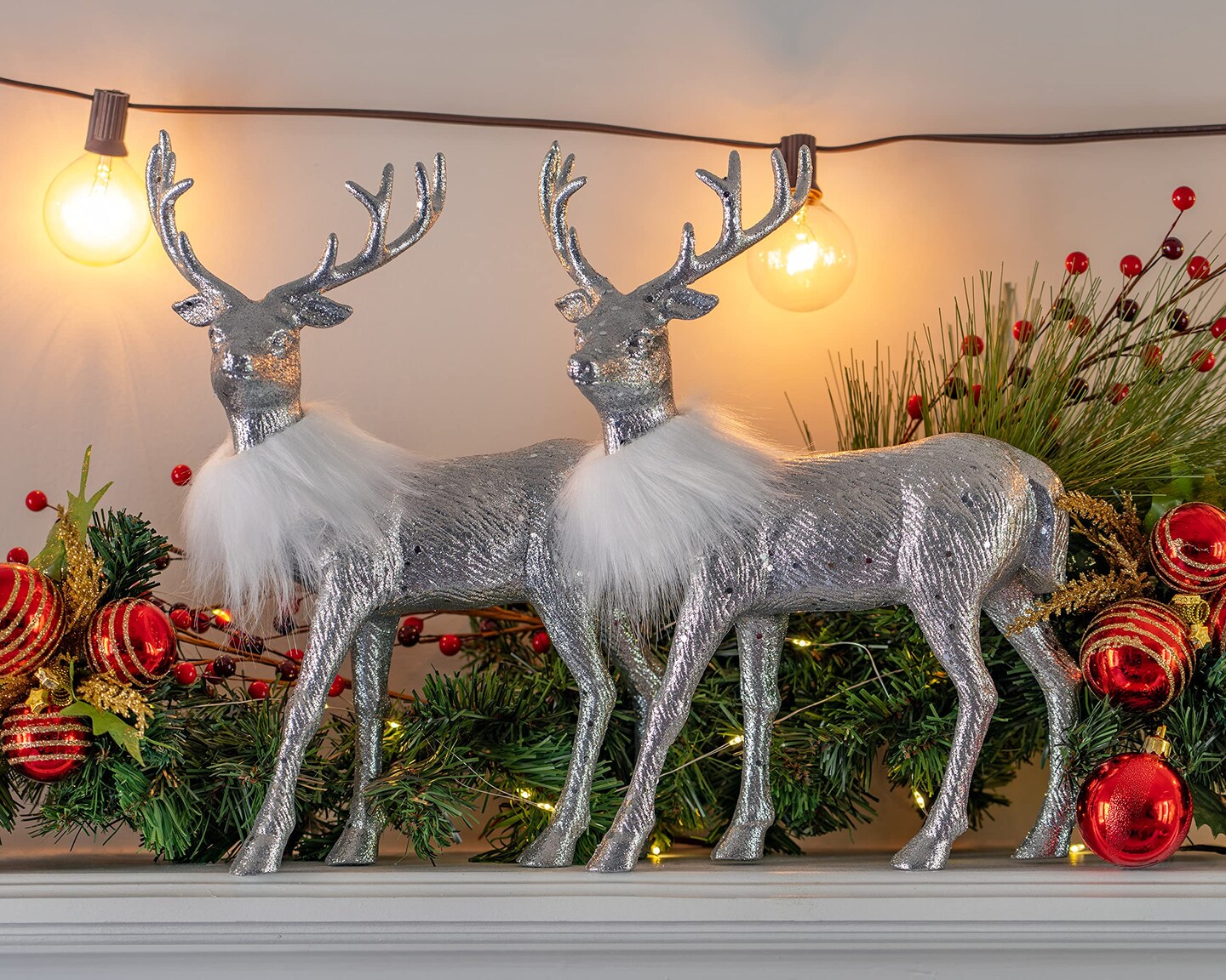 Ornativity Silver Glitter Christmas Reindeer - Holiday Party Deer Figurine Statues Dinner Tabletop Decorations Centerpiece - Pack of 2