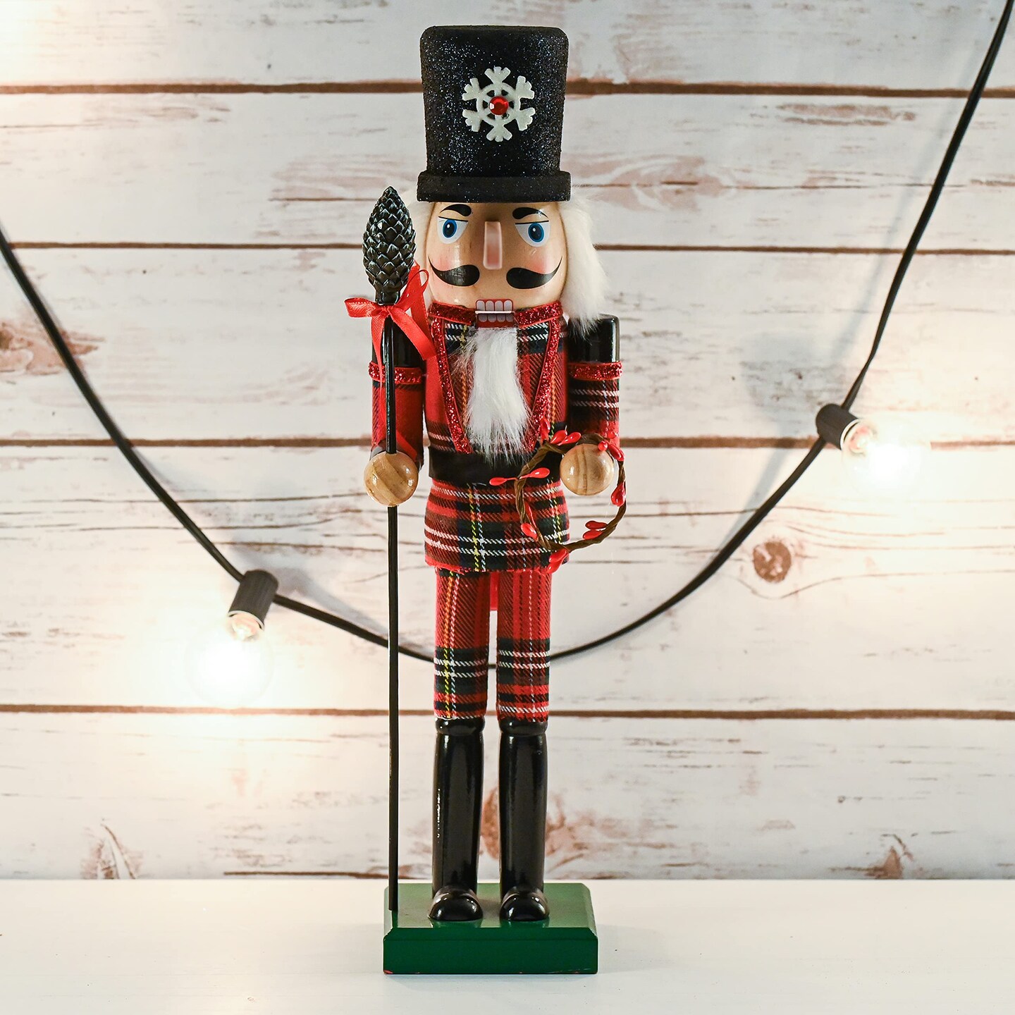 Ornativity Christmas Buffalo Plaid Nutcracker &#x2013; Red and Black Wooden Nutcracker Soldier with an Acorn Staff and Holly Berries Wreath Xmas Themed Holiday Nut Cracker Doll Figure Decorations