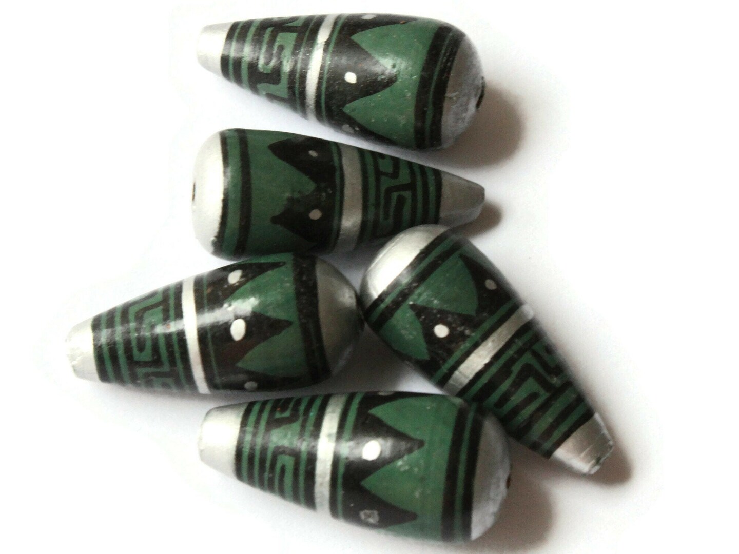 5 28mm Vintage Painted Peruvian Clay Beads - Green Silver and Black Patterned Teardrop Beads