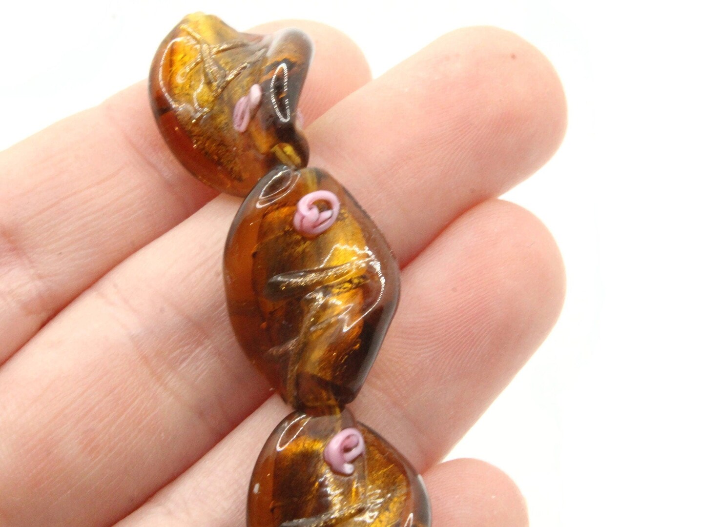 10 20mm Brown with Pink and Green Flower Lampwork Glass Flat Oval Twist Beads