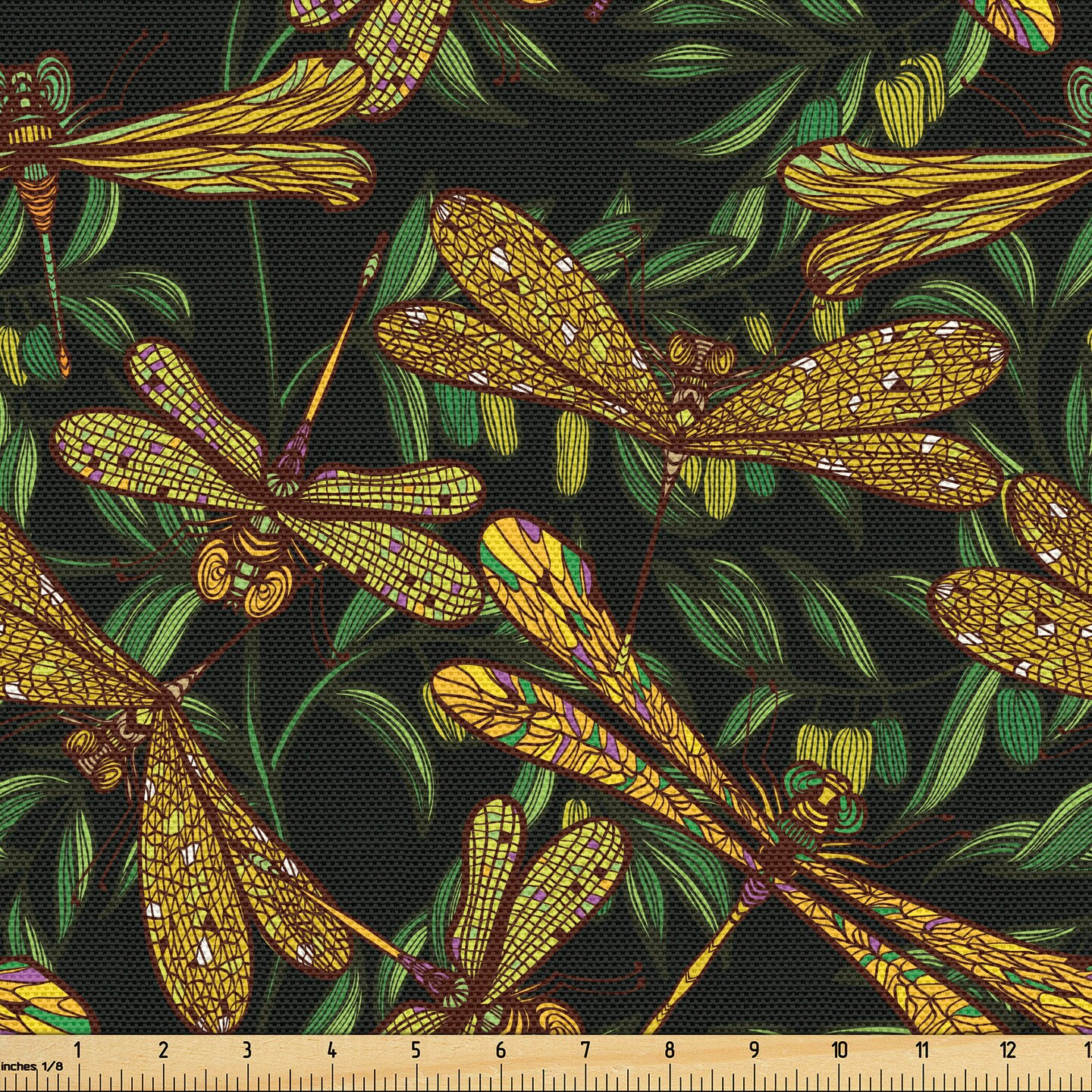 Ambesonne Dragonfly Fabric by the Yard, Pattern of Dragonflies and Green Olive Branches Mediterranean Nature Vibes, Decorative Fabric for Upholstery and Home Accents, 5 Yards, Dark Green