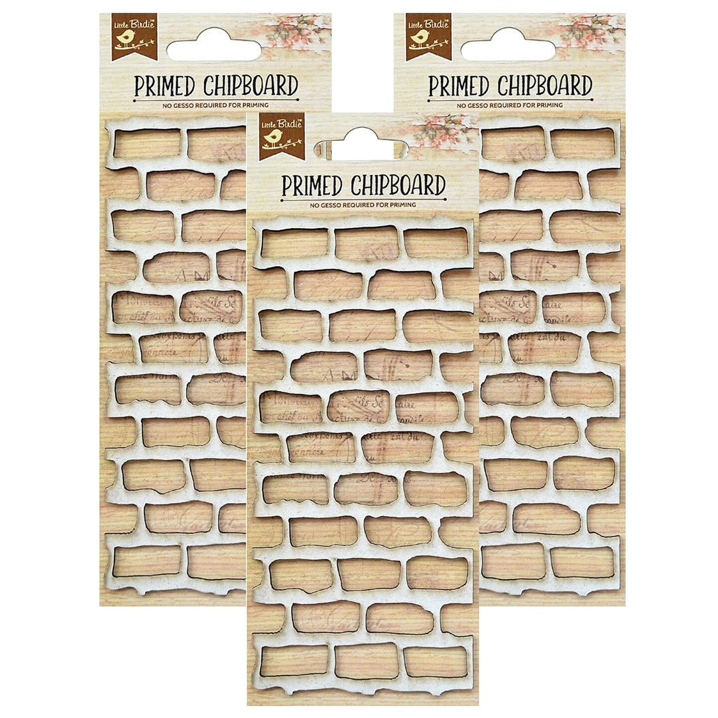 Pack of 3 - Little Birdie Laser Cut Primed Chipboard 1/Pkg-Brick Wall