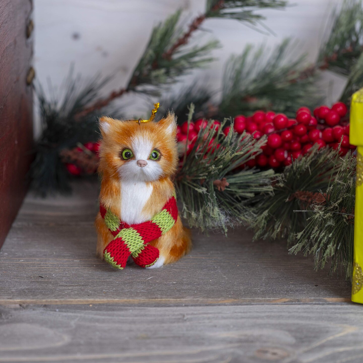 Ornativity Christmas Mini Cat Ornament - Furry Orange Kitten with Scarf Holiday Tree Hanging Decoration
