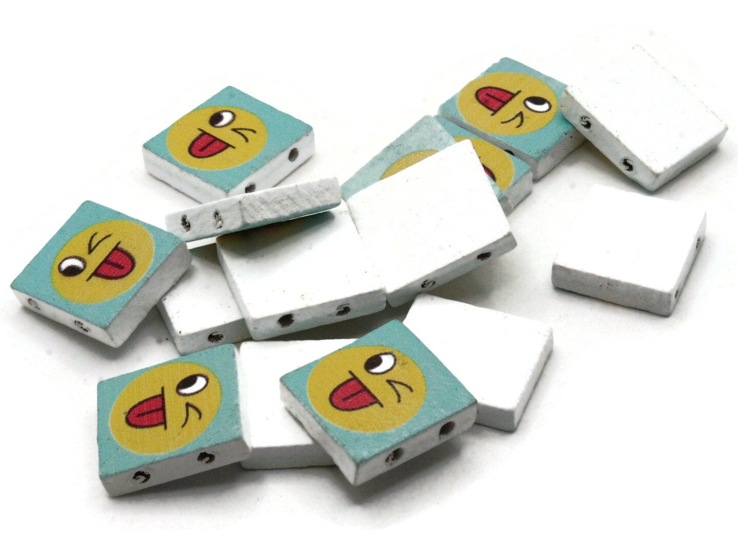15 20mm Blue and Yellow Winking Wooden Happy Face Rectangle Beads - Two Hole Emoji Beads