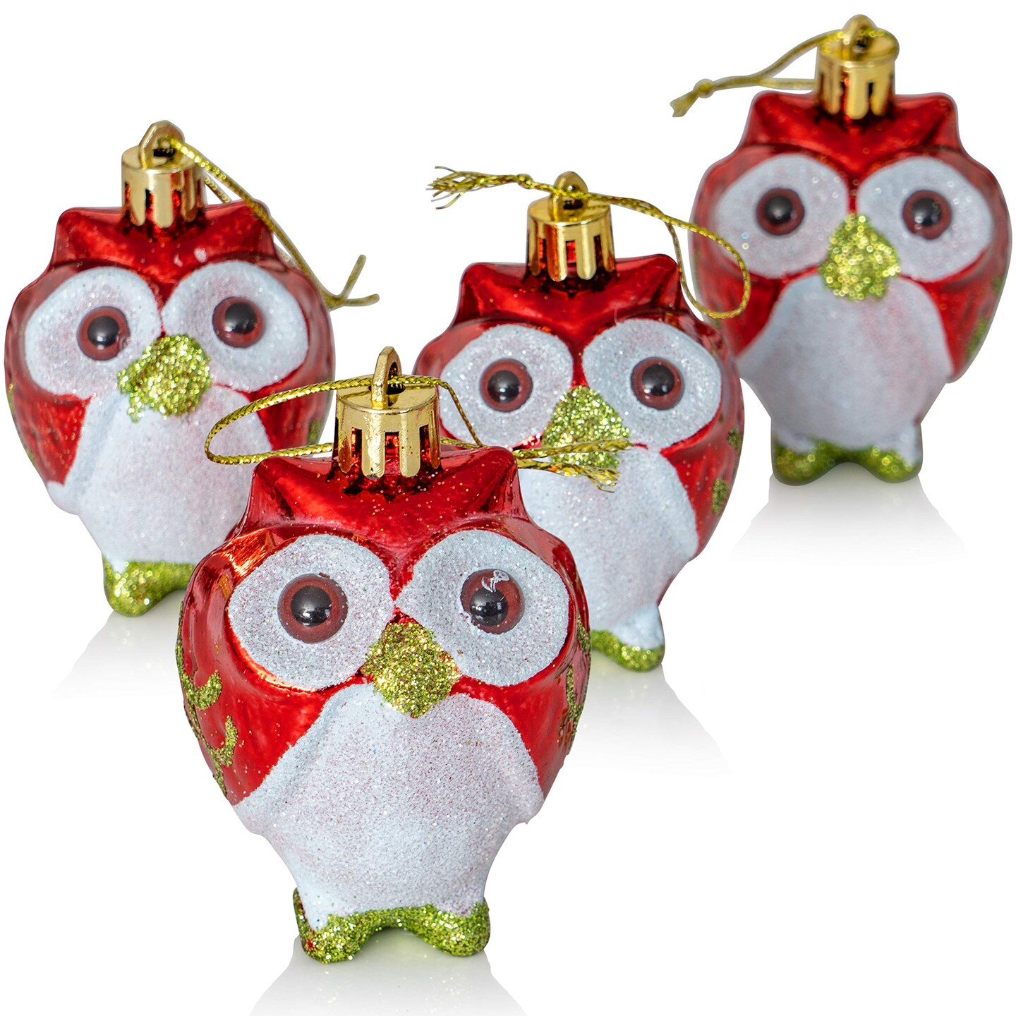 Ornativity Glitter Christmas Owl Ornaments - Snowy Glitter White and Red Animal Owls Christmas Tree Ornament Decorations - 4 Birds