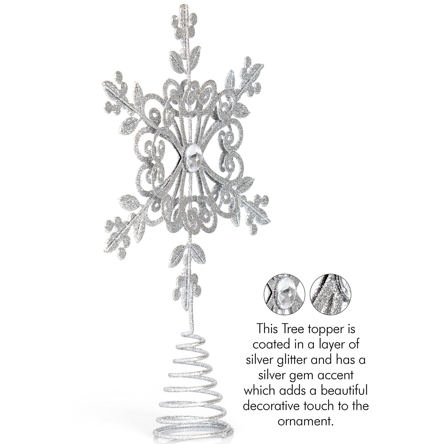 Ornativity Flower Snowflake Tree Topper – Silver Glitter Intricate Designed Floral Snowflake Shaped Ornament with Sparkling Gem Detailed Christmas Star Tree Top Decorations