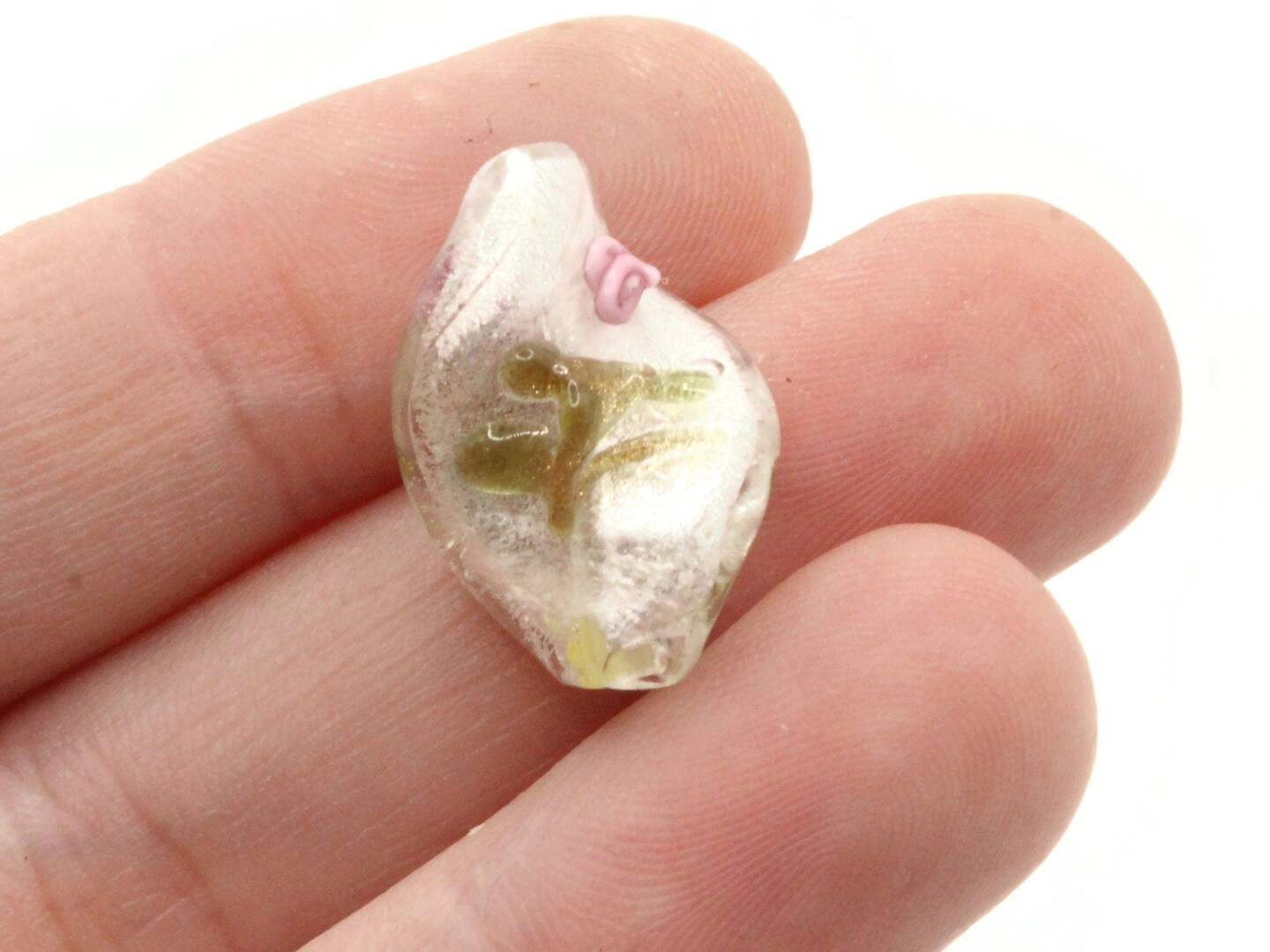 10 20mm White with Pink and Green Flower Lampwork Glass Flat Oval Twist Beads