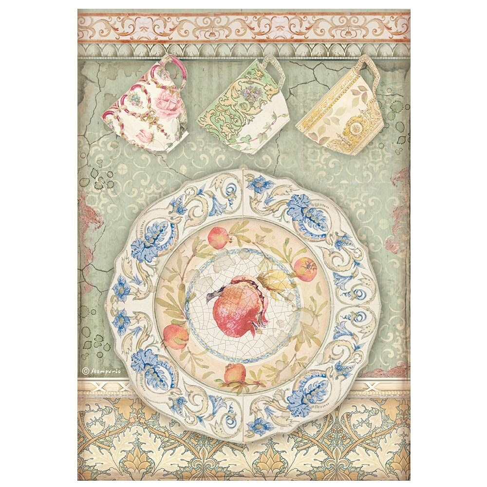 Stamperia Rice Paper Sheet A4-Plate &#x26; Cups, Casa Granada