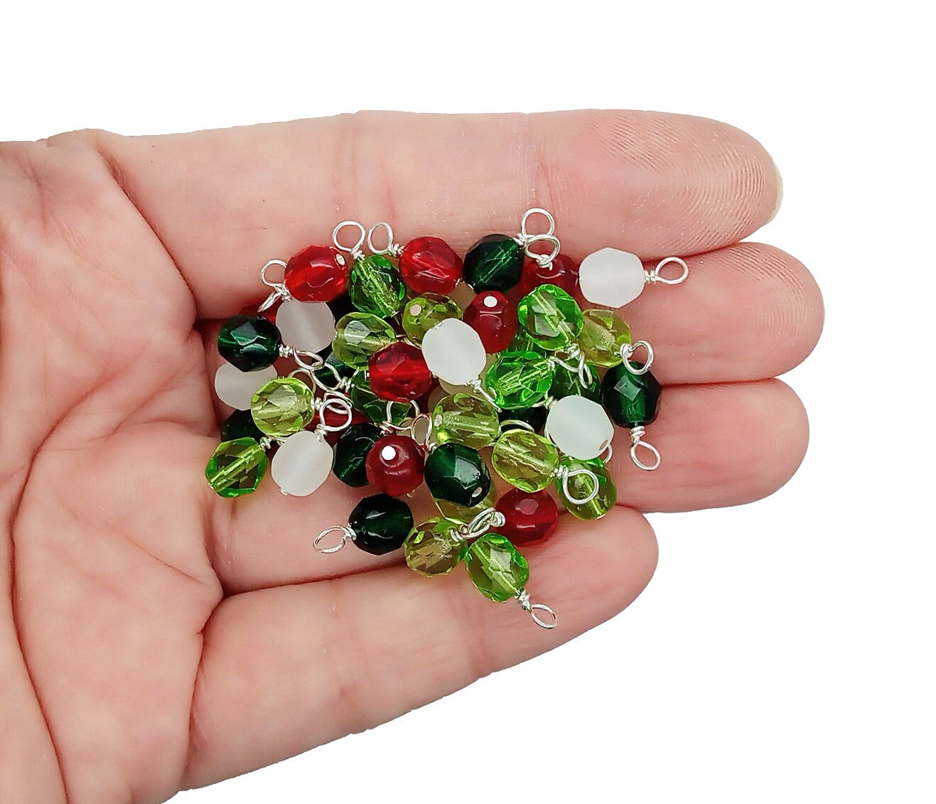 Faceted Christmas Dangle Charm Mix, 20 piece Glass Bead Charms in Red Green & White, Adorabilities