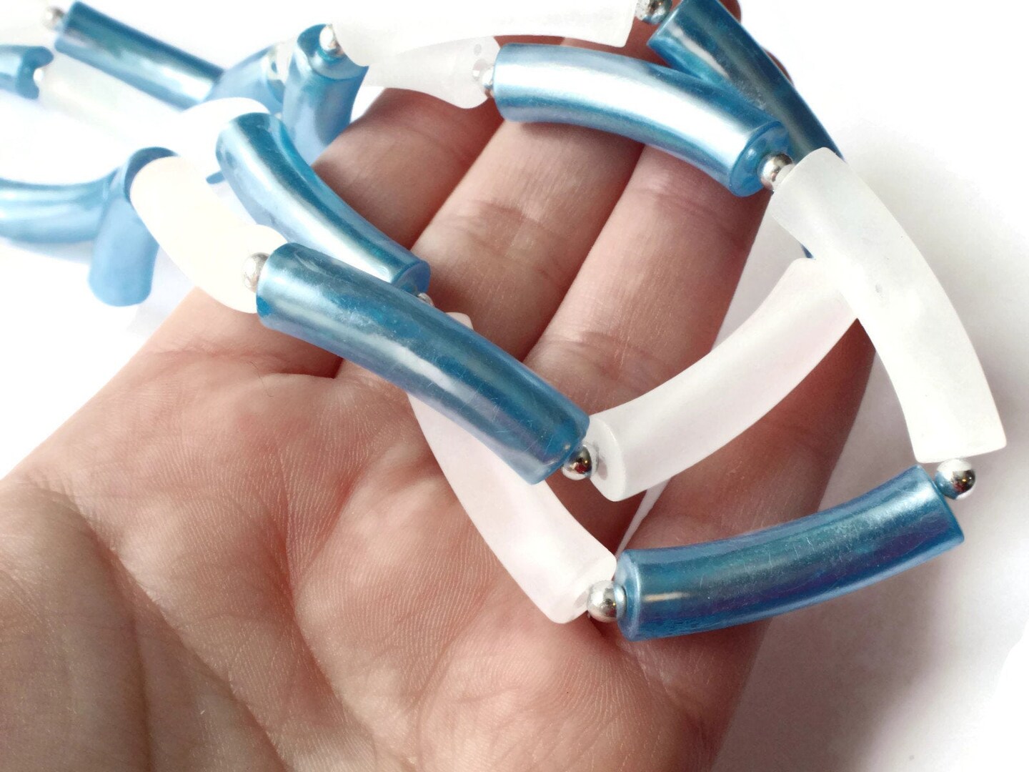 19 1/2 Inch Vintage Twisted Two Strand Blue and White Beaded Necklace - Plastic Tube Beads