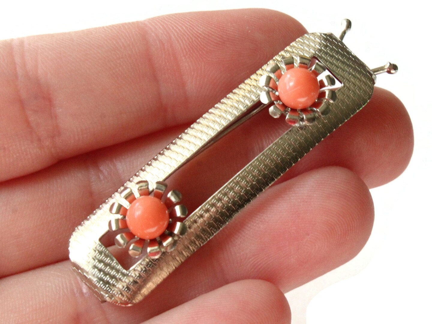 Vintage Silver Barrette with Orange Flowers Rectangle Barrette