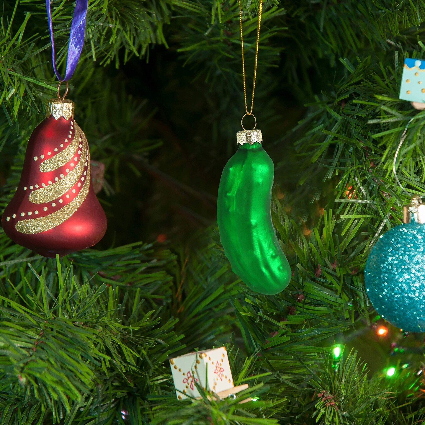 Ornativity Christmas Pickle Tree Ornament - Traditional Glass Blown Green Hanging Pickle Ornaments Pack of 4