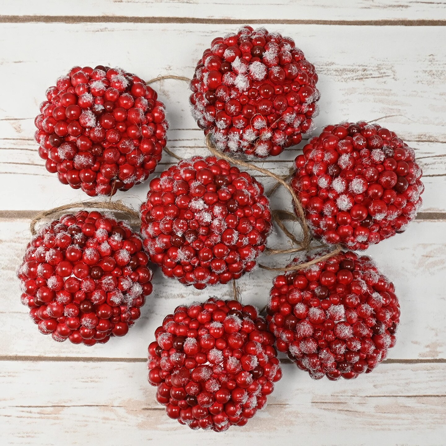 Ornativity Frosted Red Berries Ornaments - Glittered White Snowflakes on Realistic Red Cranberry Berries Ball Ornament with Rustic Twine String Christmas Tree Decoration Set - Pack of 12