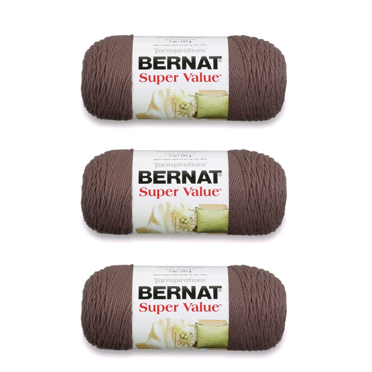 Bernat Super Value Taupe Yarn - 3 Pack of 198g/7oz - Acrylic - 4 Medium (Worsted) - 426 Yards - Knitting/Crochet