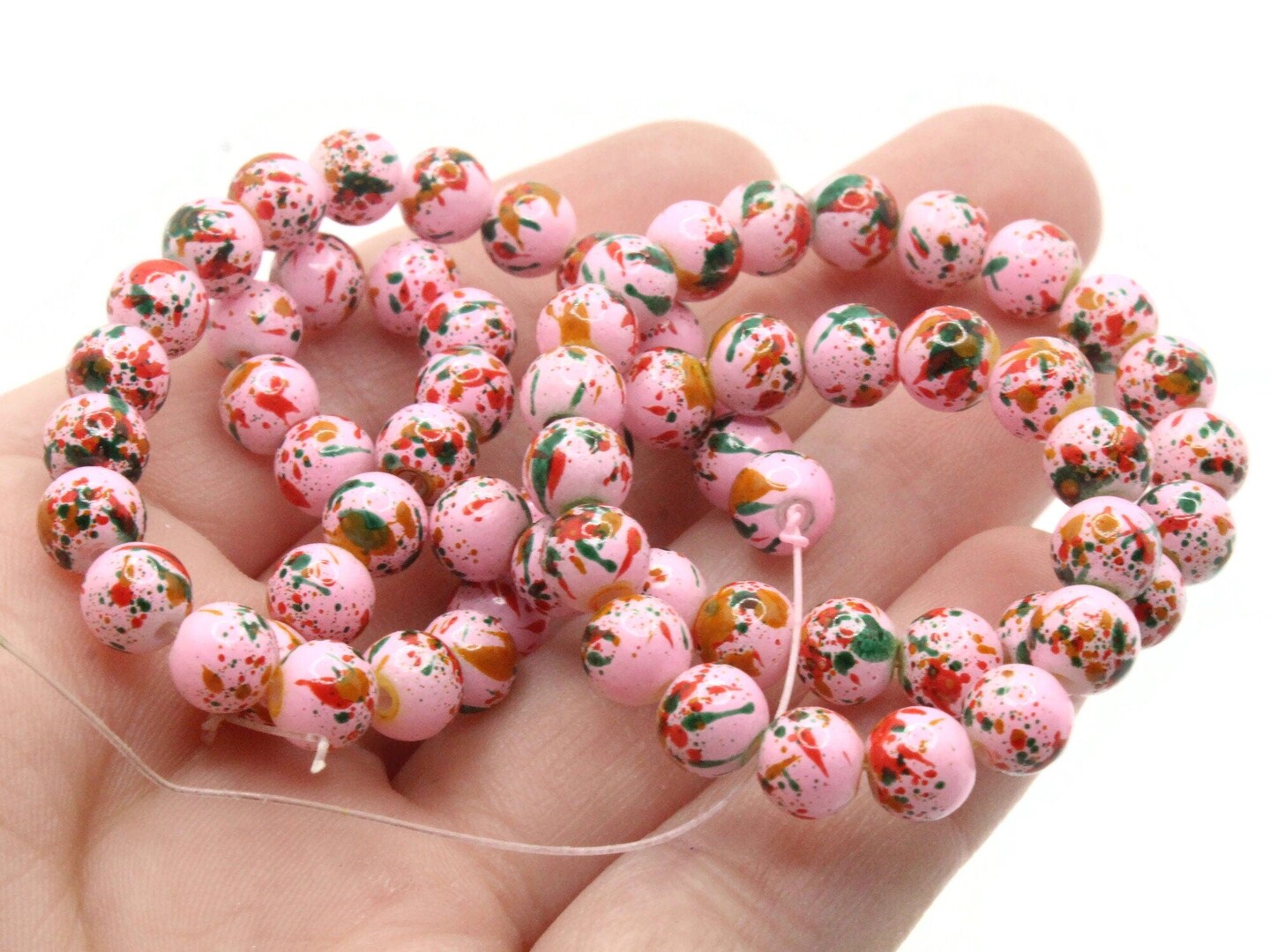 68 6mm Pink Red and Green Splatter Paint Round Glass Beads