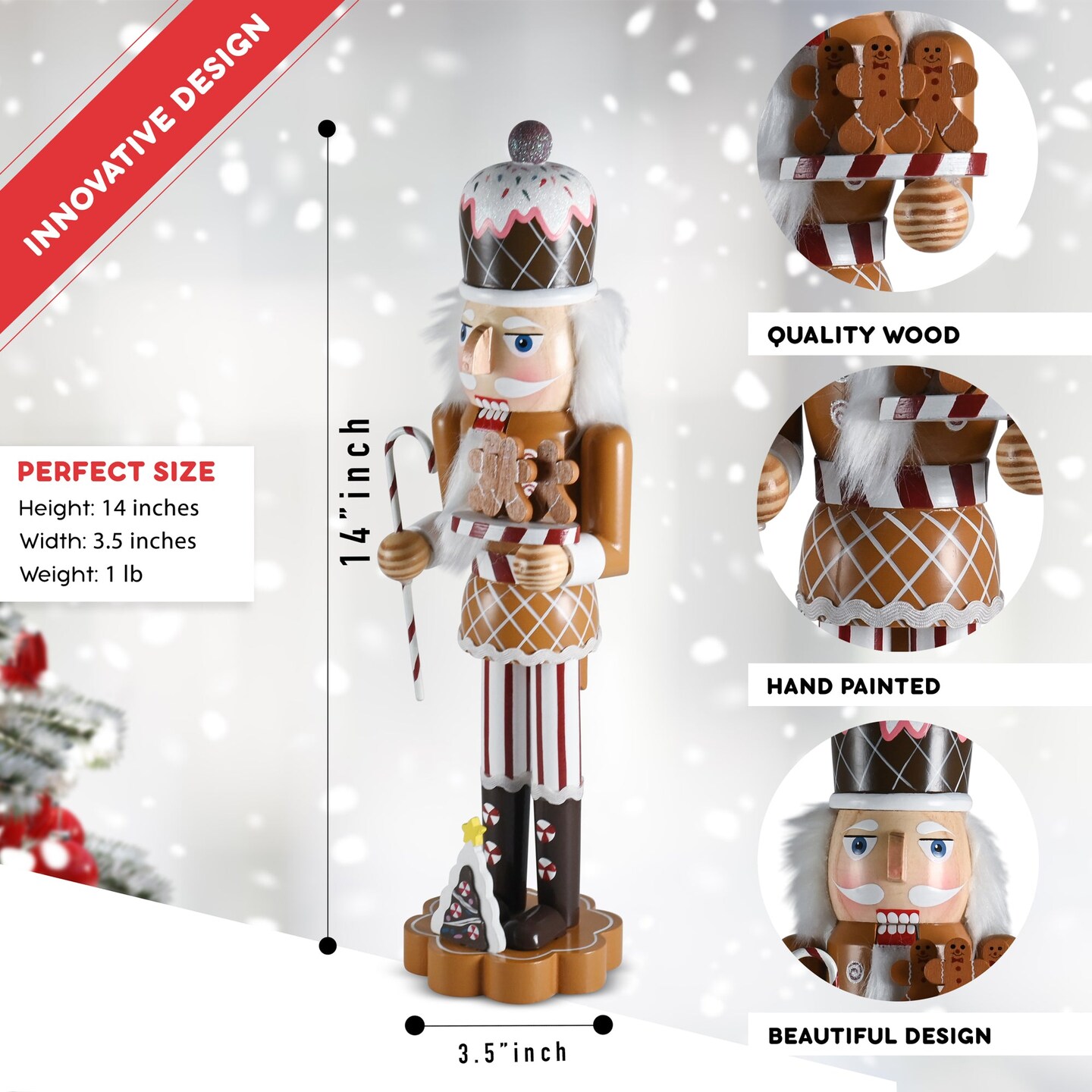 Ornativity Christmas Candyland Gingerbread Nutcracker &#x2013; Wooden Nutcracker Candy Man with Candy Cane and Gingerbread Cookies in Hand Xmas Themed Holiday Nut Cracker Doll Figure Decorations