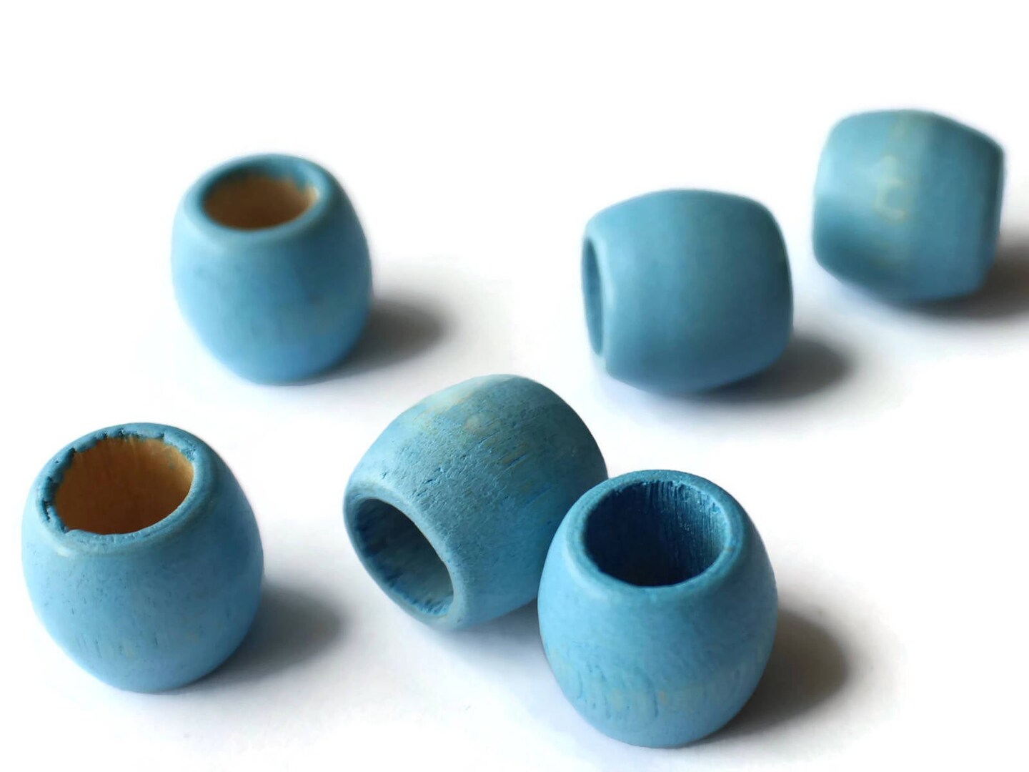 8 17mm Wooden Barrel Beads Large Hole Sky Blue Vintage Wood Beads