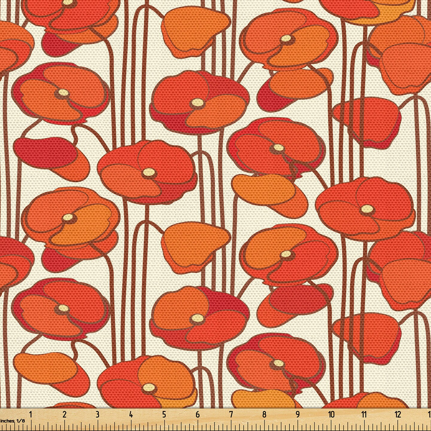 Ambesonne Floral Fabric by the Yard, Art Nouveau Style Poppy Flowers Retro Spring Summer Garden Foliage Petals, Decorative Fabric for Upholstery and Home Accents, 1 Yard, Orange and Ivory