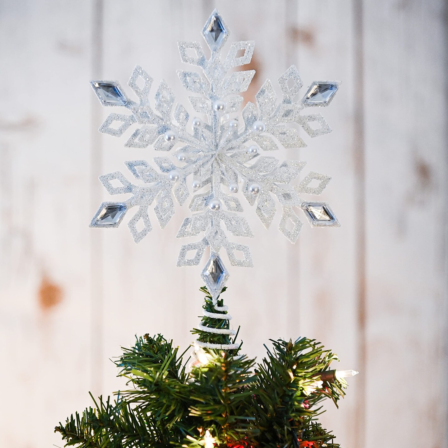 Ornativity Glitter Snowflake Tree Topper - White Sparkling Christmas Tree Decoration with Gem Design