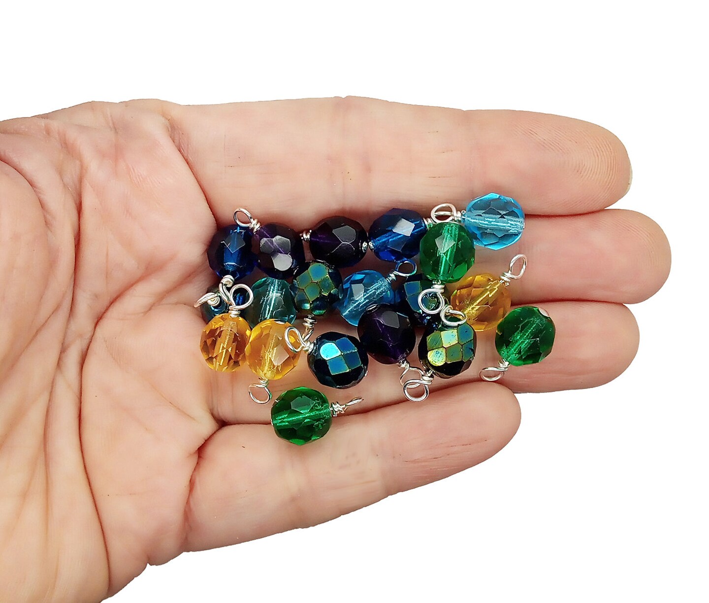 Fire-Polished Bead Charms, 10 pieces Peacock Colors Mix, 8mm Faceted Dangles, Adorabilities