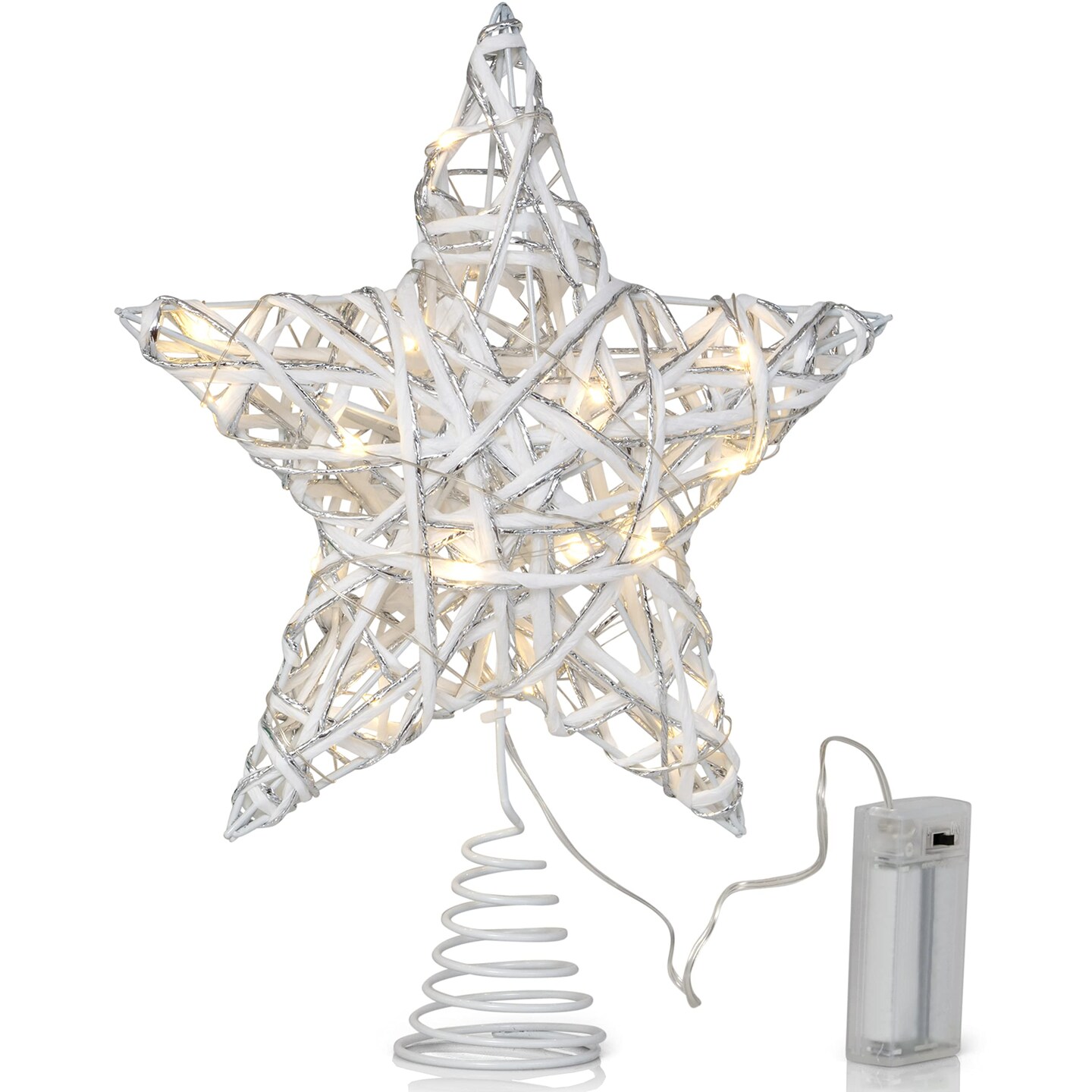 Ornativity Christmas Rattan Tree Topper – White and Silver Xmas Rustic Star LED Light Up Tree Topper Ornament Decoration