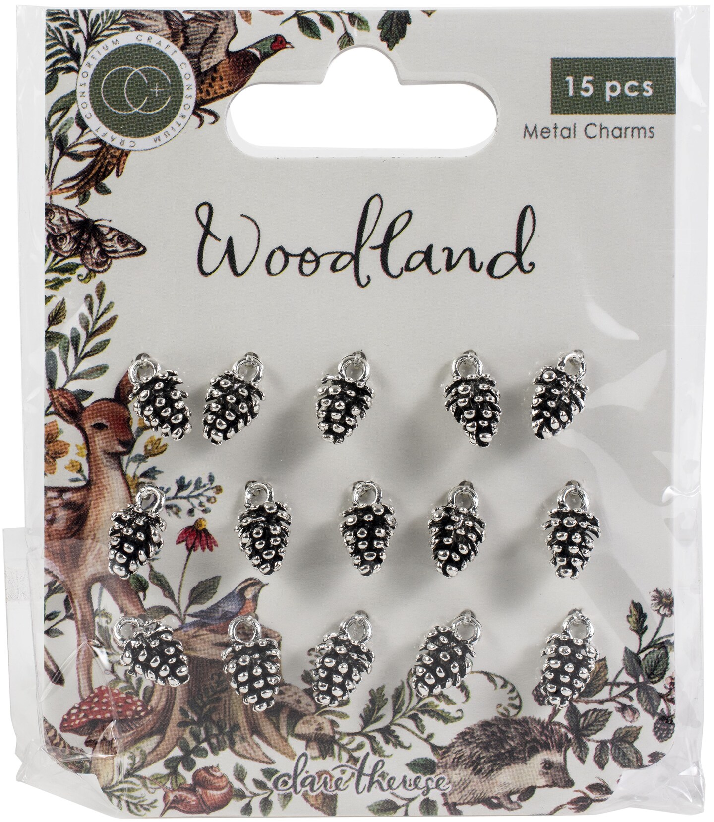 Craft Consortium Woodland Metal Charms 15/Pkg-Silver Pine Comb